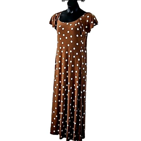 Attitudes by Renee Tall Flutter Maxi Dress Brown Polka Dot Size Medium Tall NWT - Picture 2 of 7